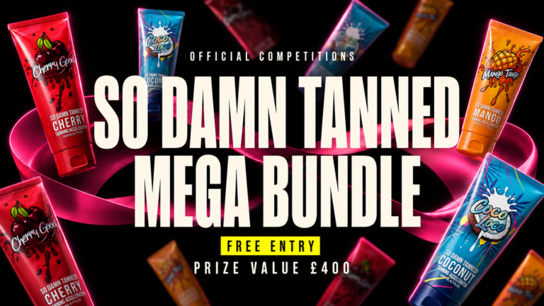 So Damn Tanned Mega Bundle worth £400 — free entry, with pink ribbon and falling lotion products.
